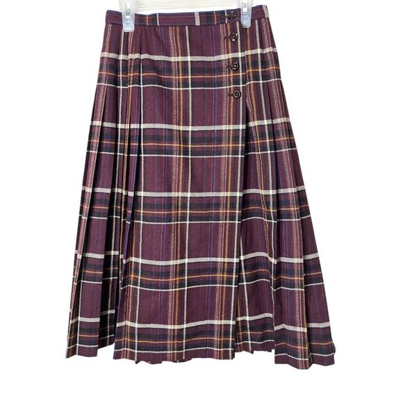 Vintage Jaeger Wool Blend Pleated Plaid Tartan Midi Skirt Size 6 Maroon - Picture 1 of 10